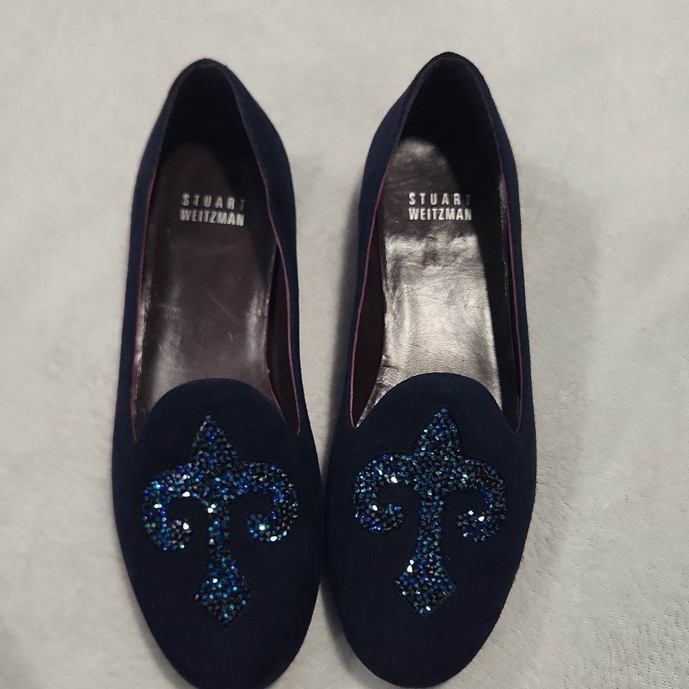 Stuart Weitzman Navy Suede Crystal Fleur Flats